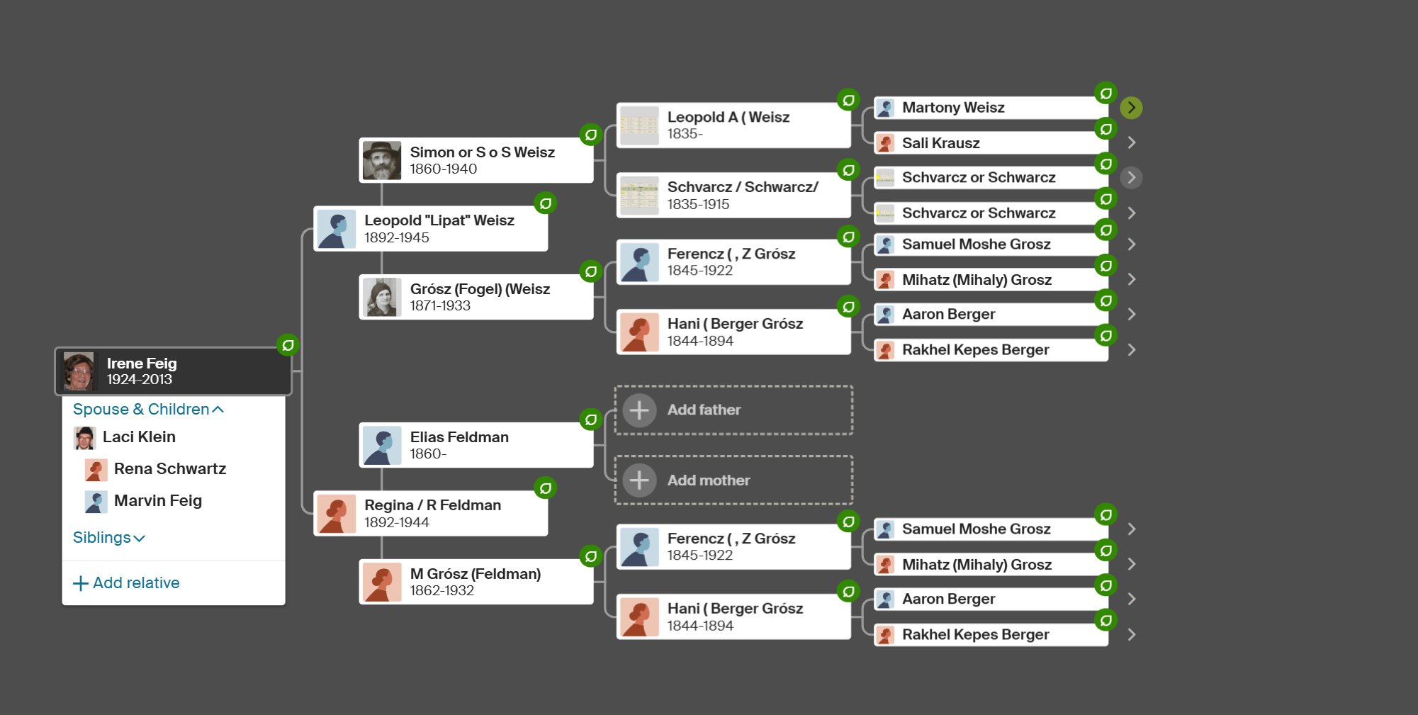 Ancestry tree screenshot - Irene Feig's deeper ancestry with Grósz/Berger/Weisz 4th-great-grandparents