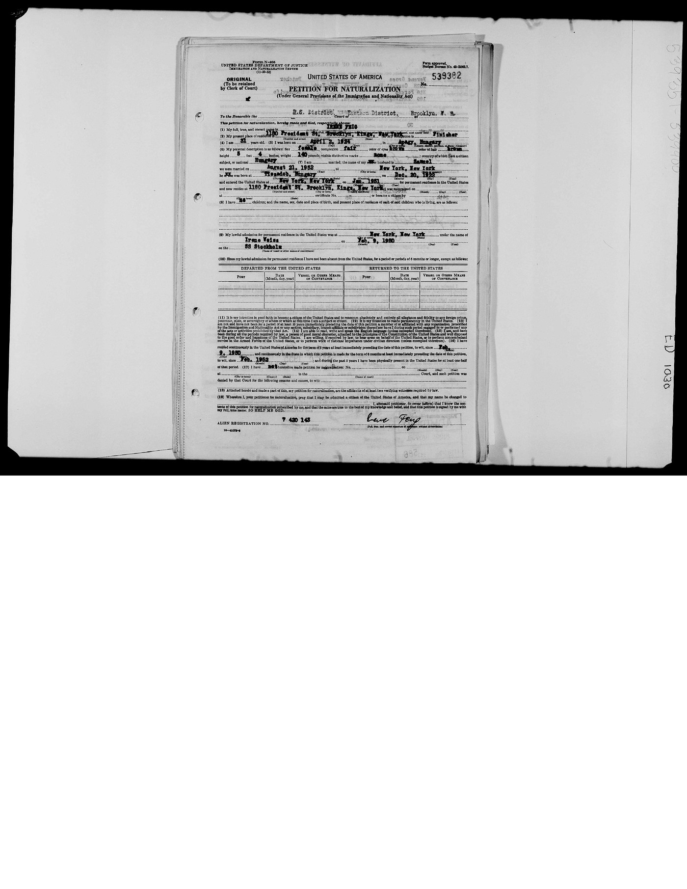 Irene Weisz naturalization petition