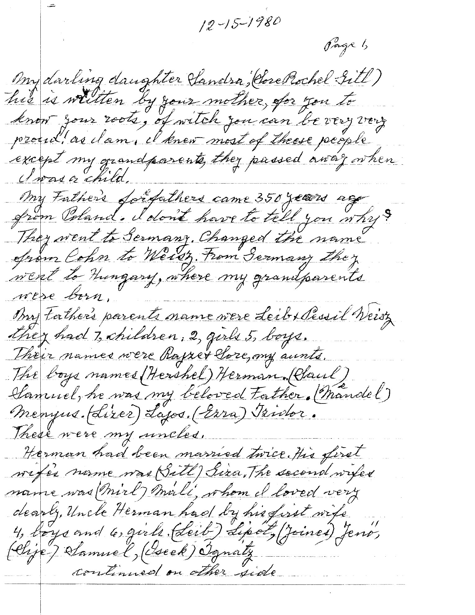 Page 1 of Esther's letter, December 15, 1980 — the opening salutation, the 350-years-from-Poland paragraph, and the beginning of the Weisz family genealogy.