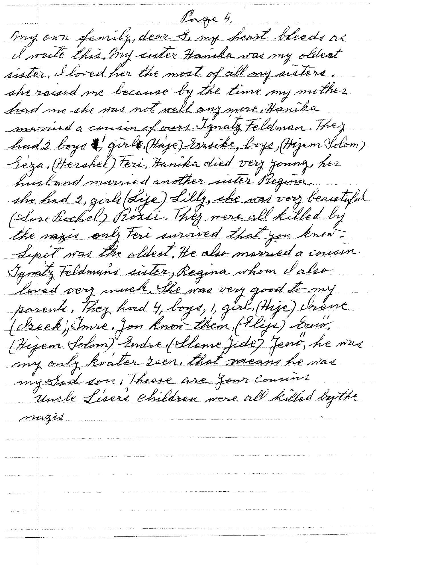 Page 4 of Esther's letter — the cousin marriages: Hanika to Ignatz Feldman, Regina to him after, Lipot to Ignatz Feldman's sister Regina. The murder of nearly all of them in 1944 except Feri, Imre, and Irene (Bobby).