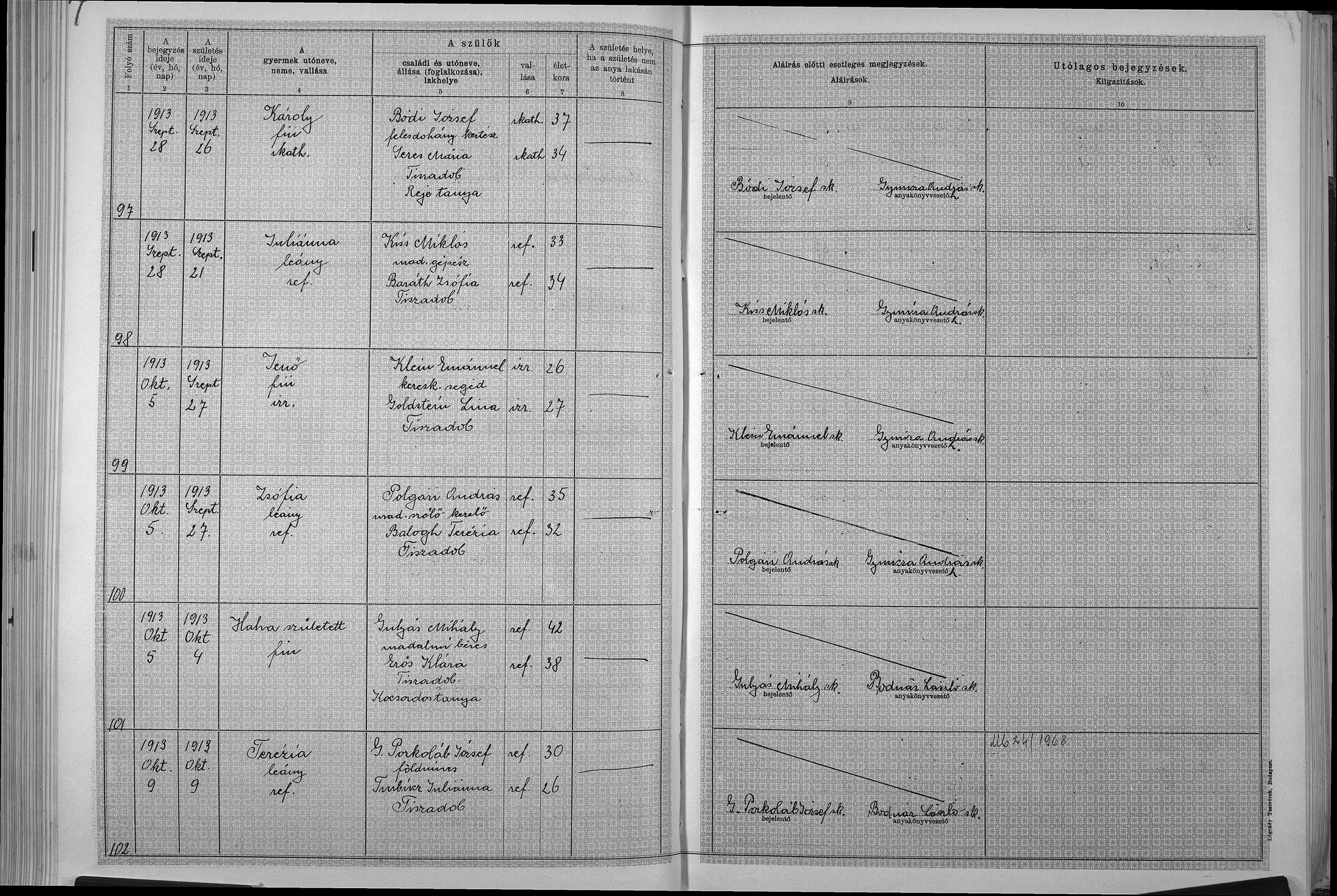 Jenő Klein 1913 birth record, Tiszadob