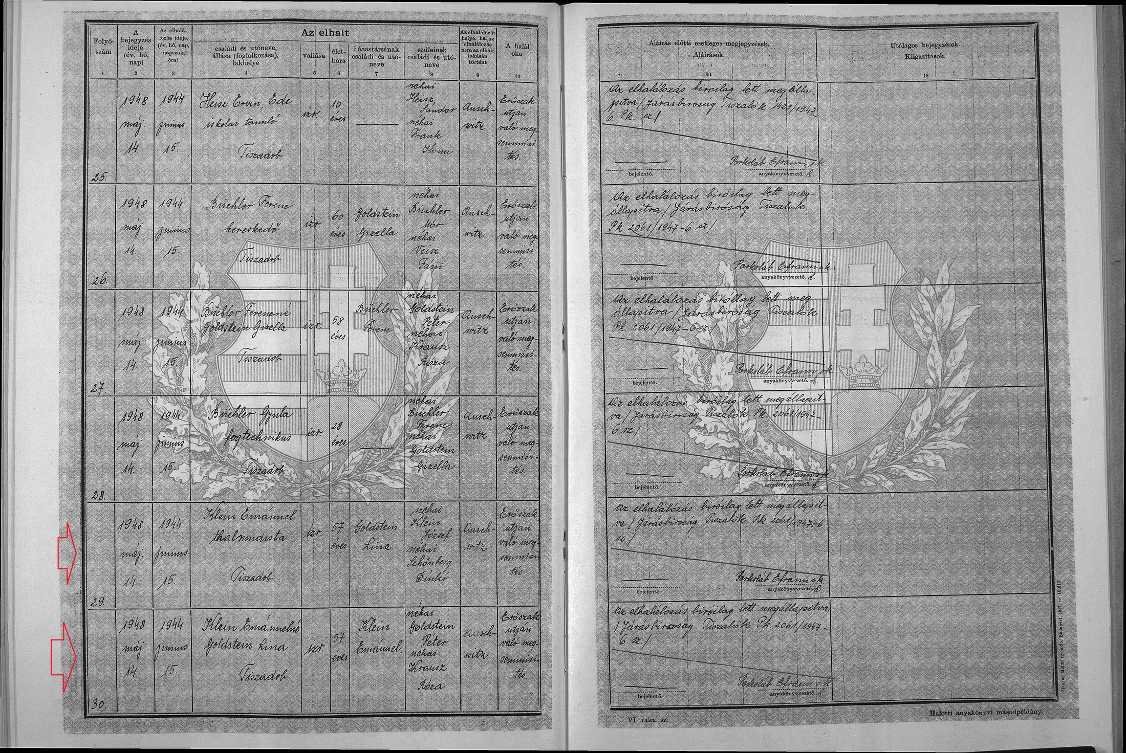 1948 retroactive death registration of six Tiszadob Auschwitz victims