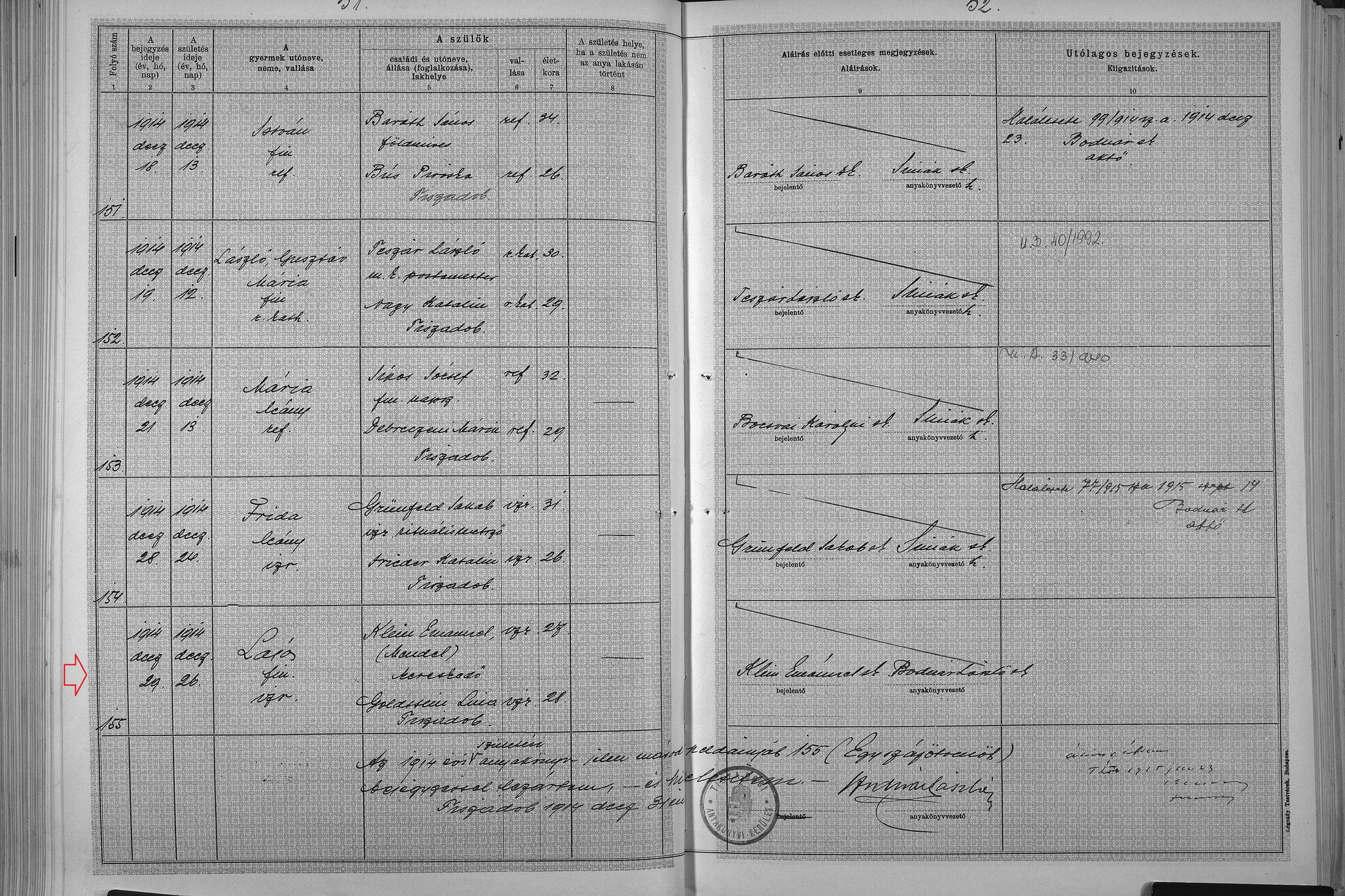 Lajos Klein 1914 birth record, Tiszadob (final entry of year)