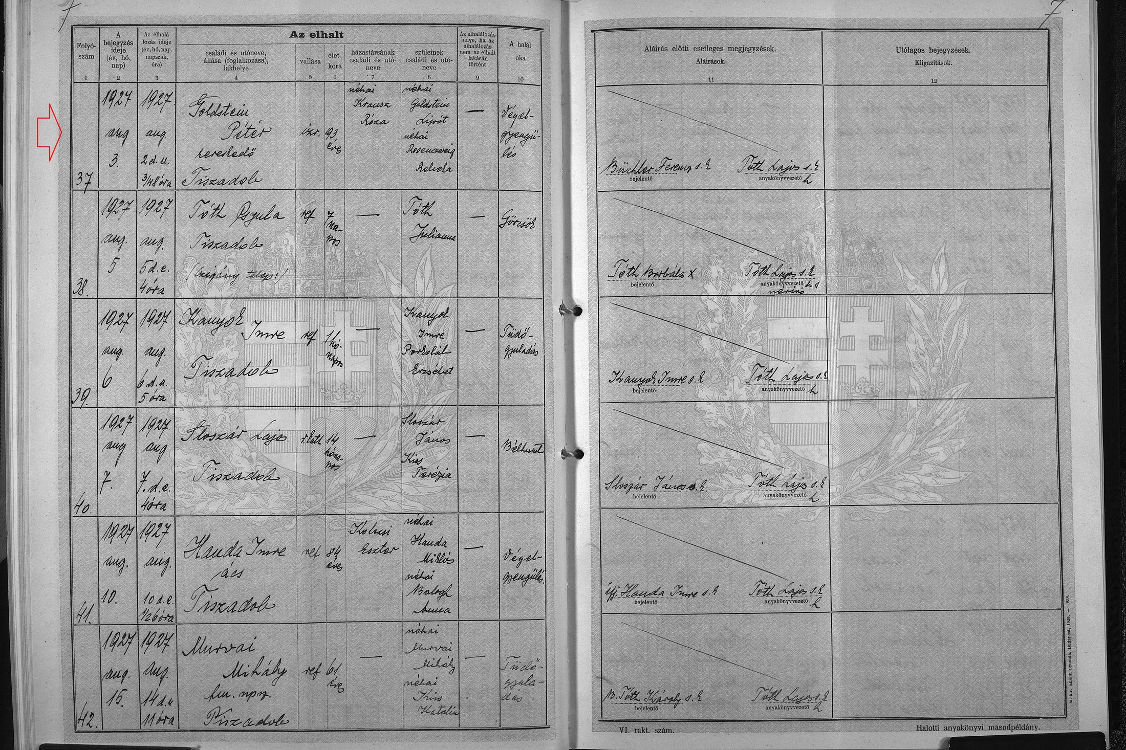 Pinchas (Goldstein Péter) 1927 death record, Tiszadob