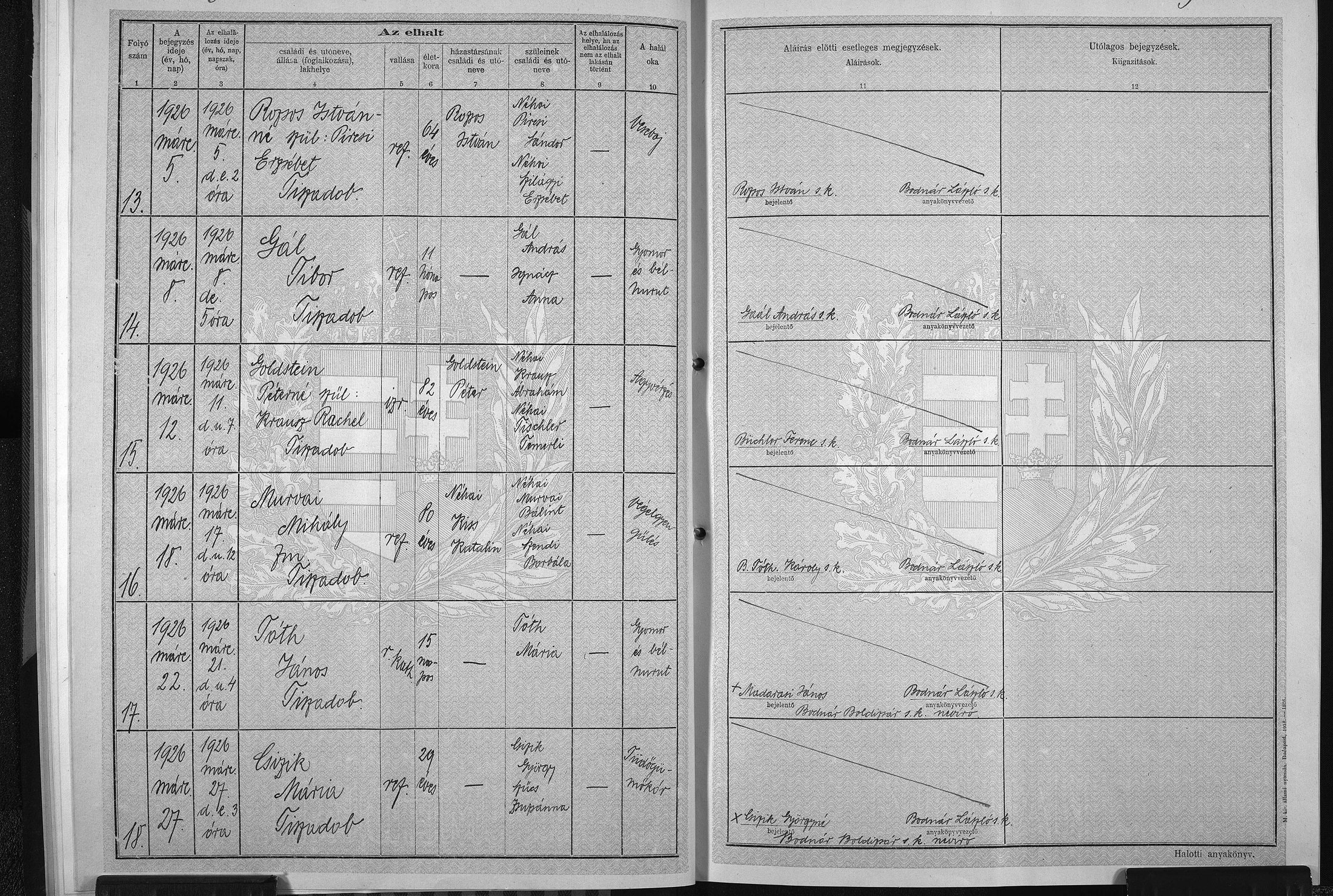 Rachel Krausz Goldstein 1926 death record, Tiszadob