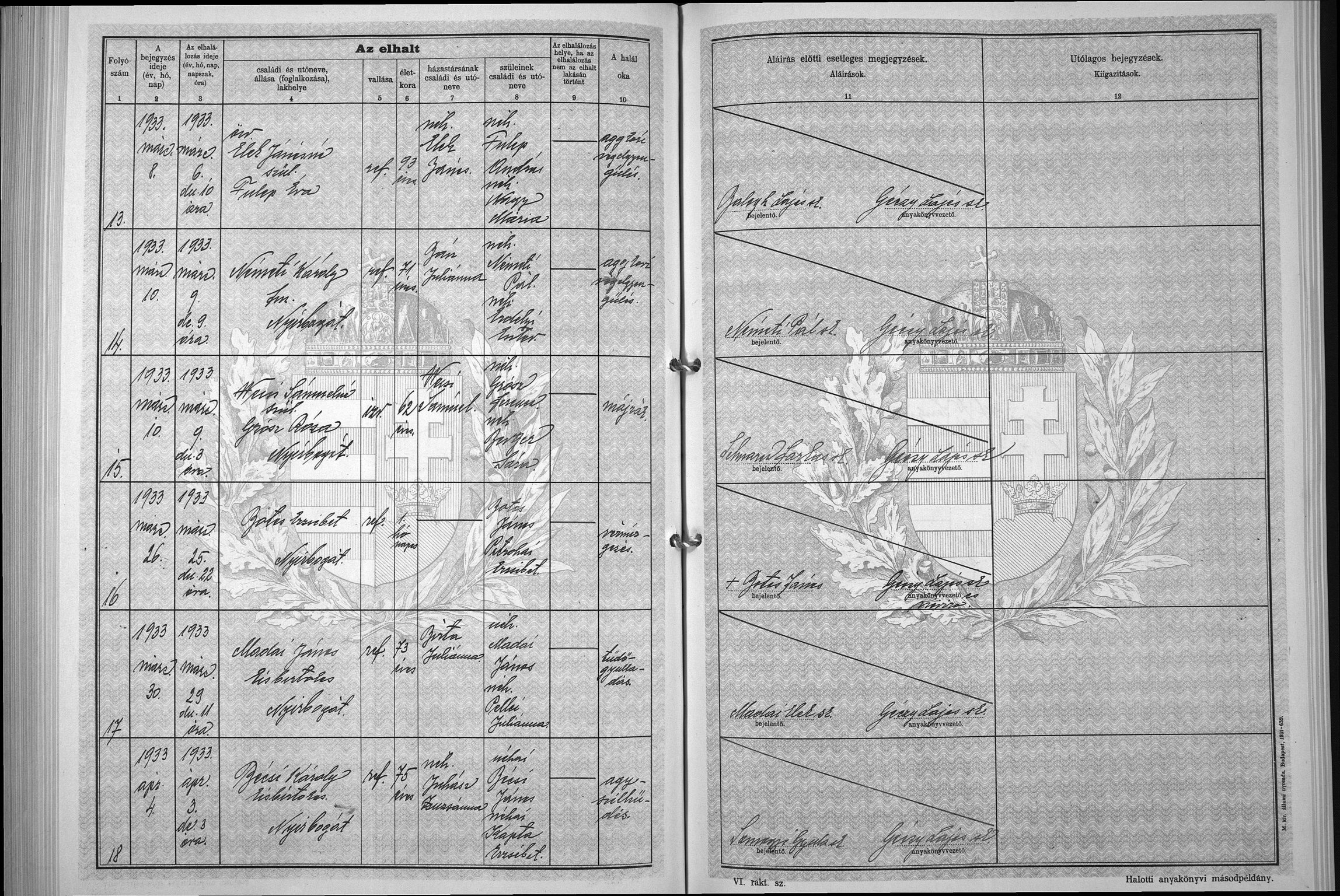 Roza Grósz death certificate, 1933