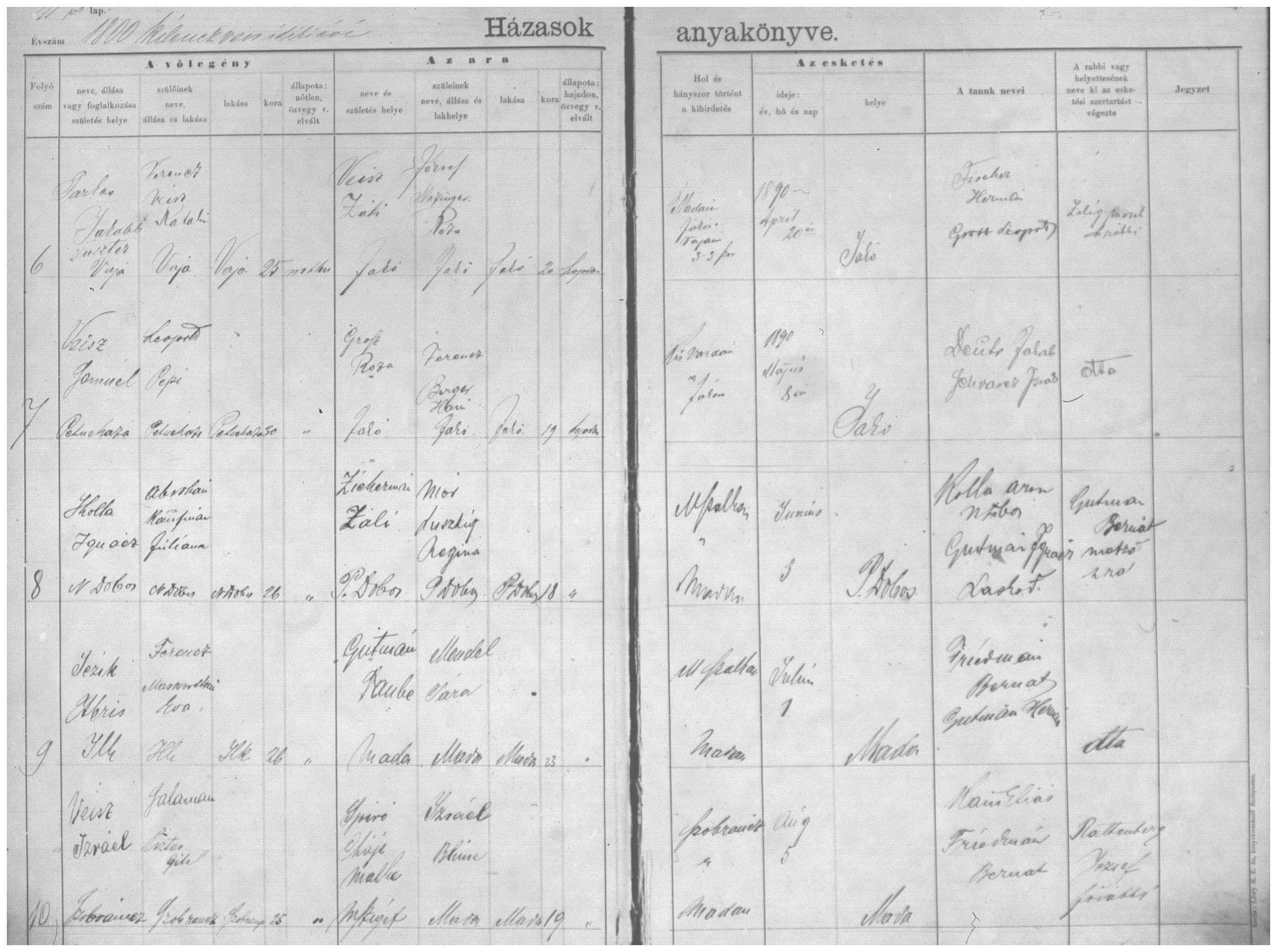 Samuel Weisz and Roza Grósz marriage register, 1890