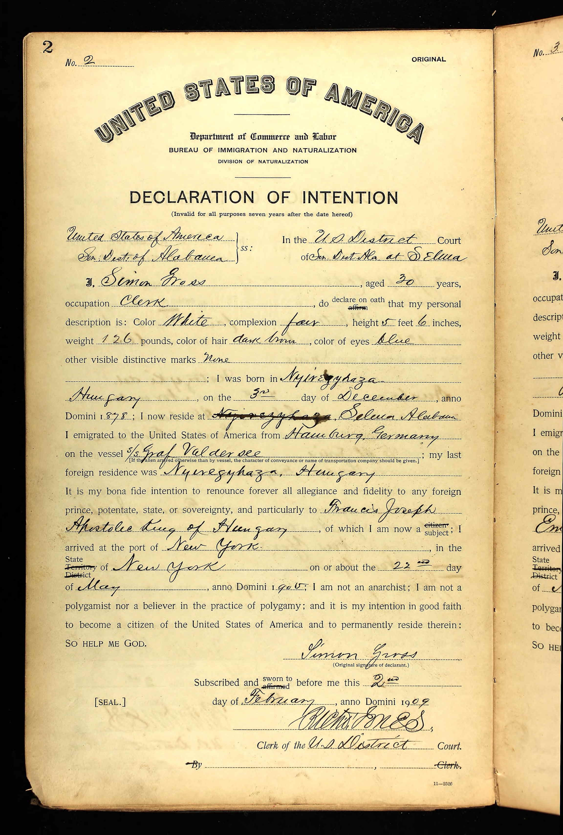 Simon Grósz declaration of intention, Selma 1909