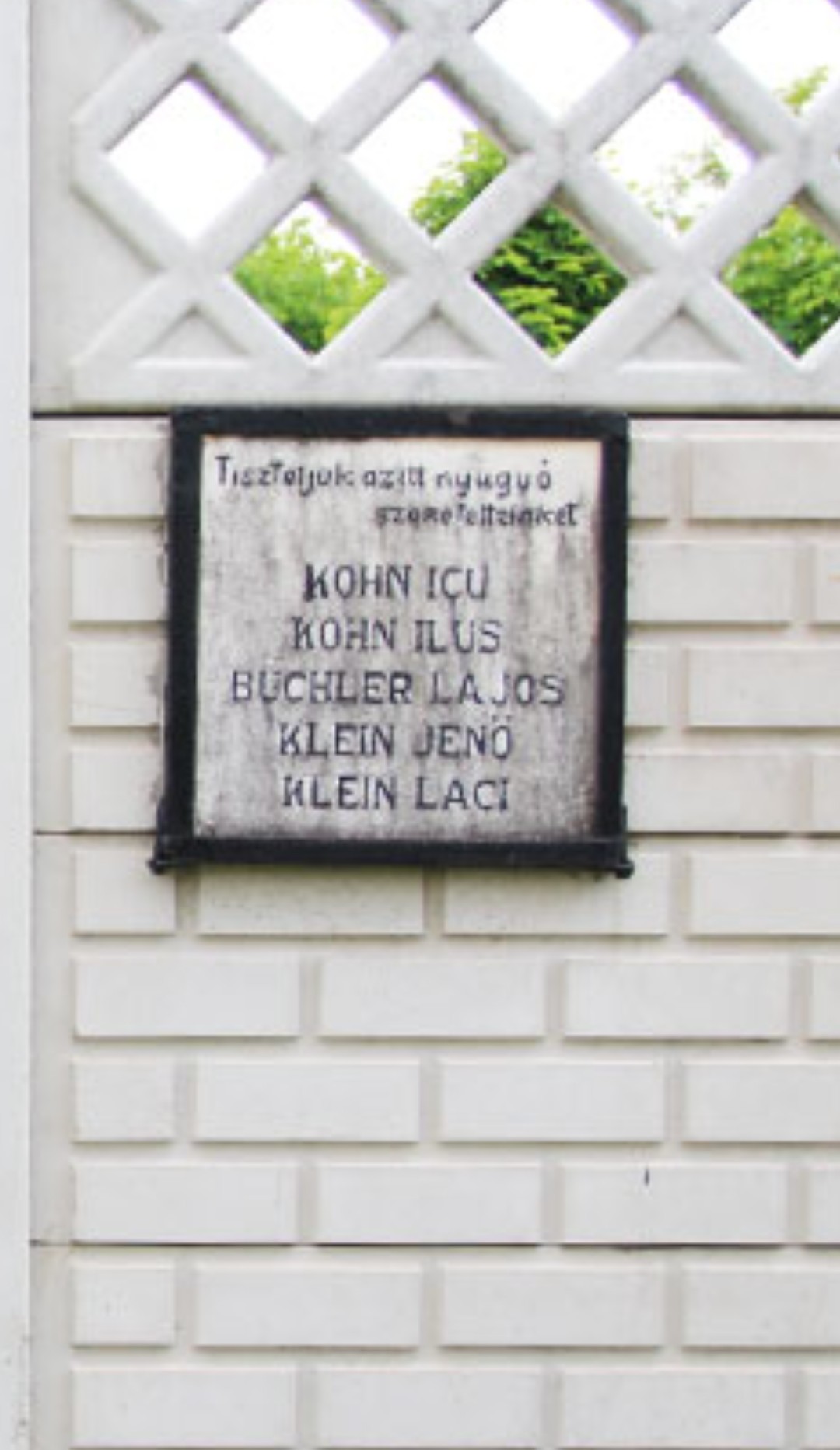 Tiszadob cemetery memorial plaque — names of the Klein family lost and commemorated