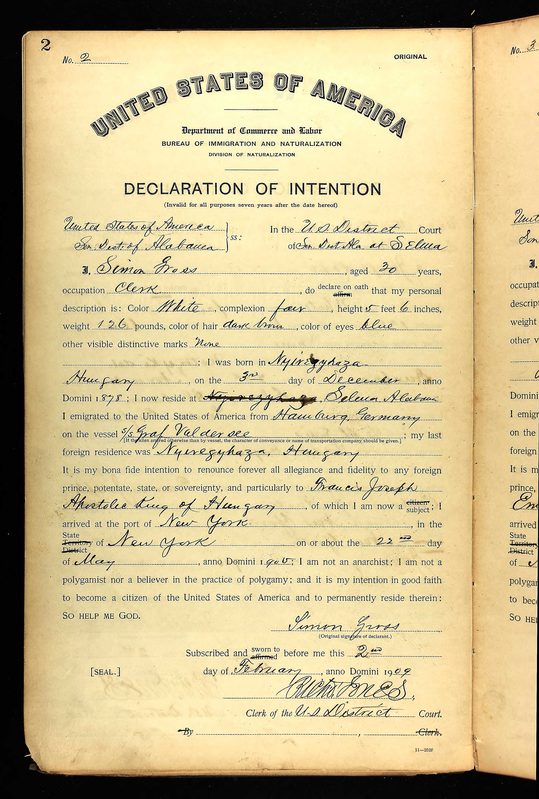 Simon Grosz: 1909 Declaration and 1911 Petition side-by-side — document scan