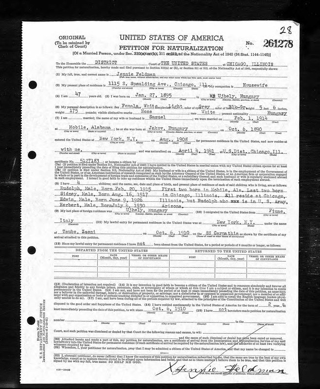 Jennie Feldman Petition for Naturalization · 1942 — document scan