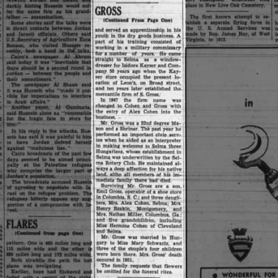Obituary of Simon Gross, page 2 (continuation) — covering business, civic and religious life, and survivors