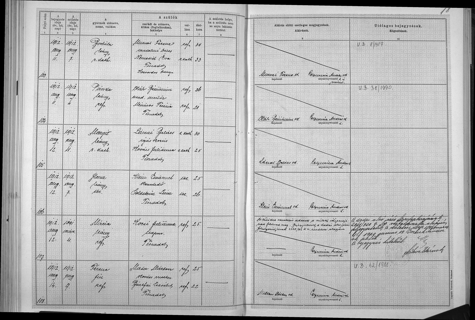 F · family record Ilona Klein · birth record, 1912 Emanuel and Lina's eldest child, born 7 August 1912 in Tiszadob