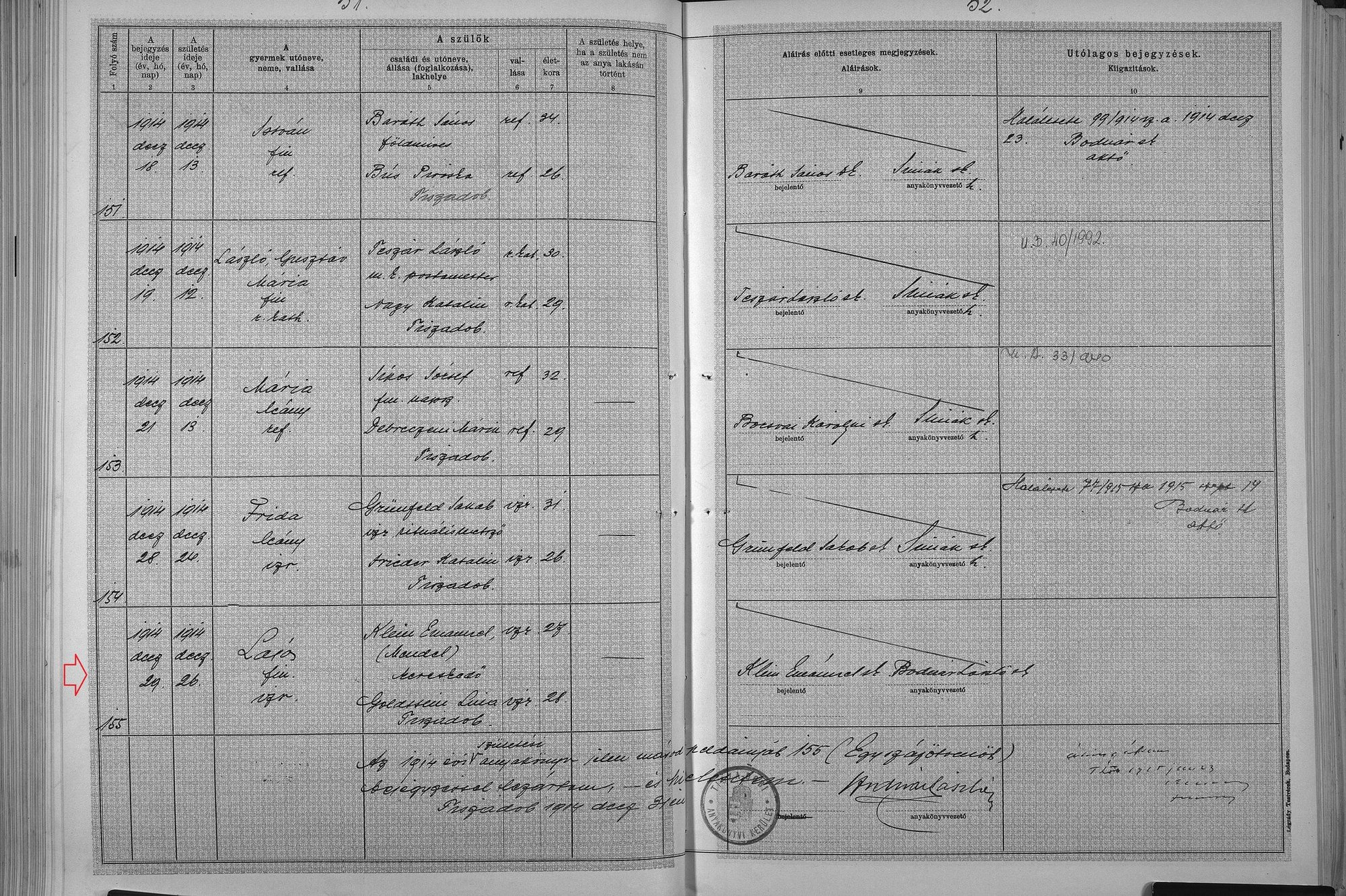 F · family record Lajos (Avrohom Chaim) Klein · birth record, 1914 — final entry of the year Zeidy's older brother, born