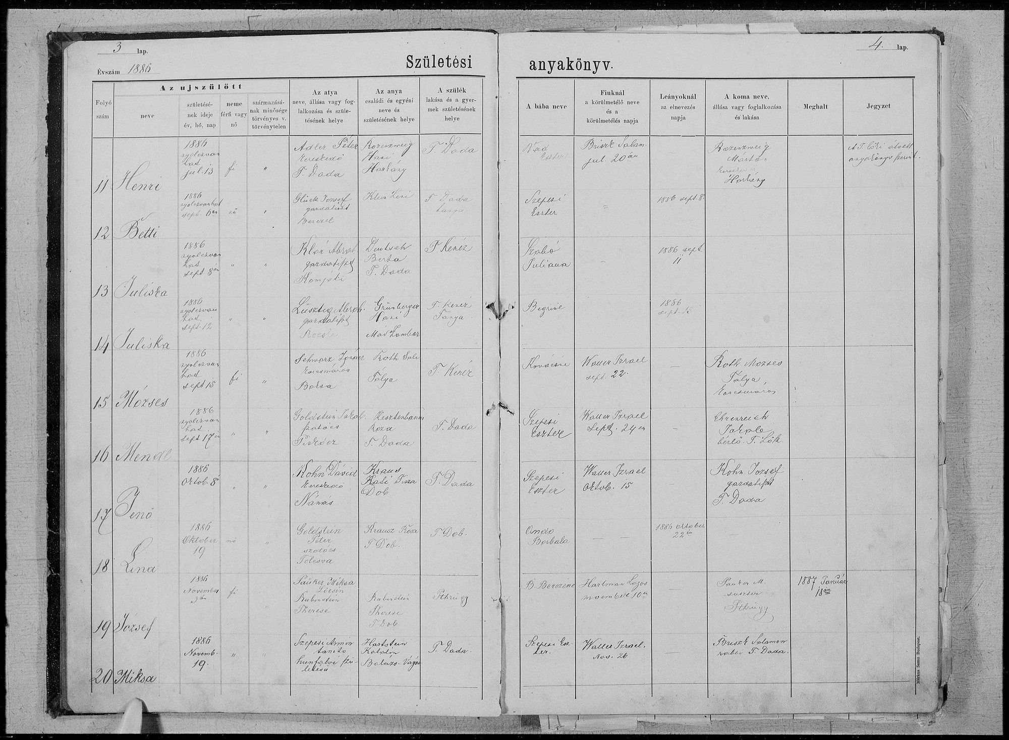 F · family record Lina Goldstein · birth record, 1886 Zeidy's mother, born 19 October 1886 in Tiszadob to Goldstein Péte