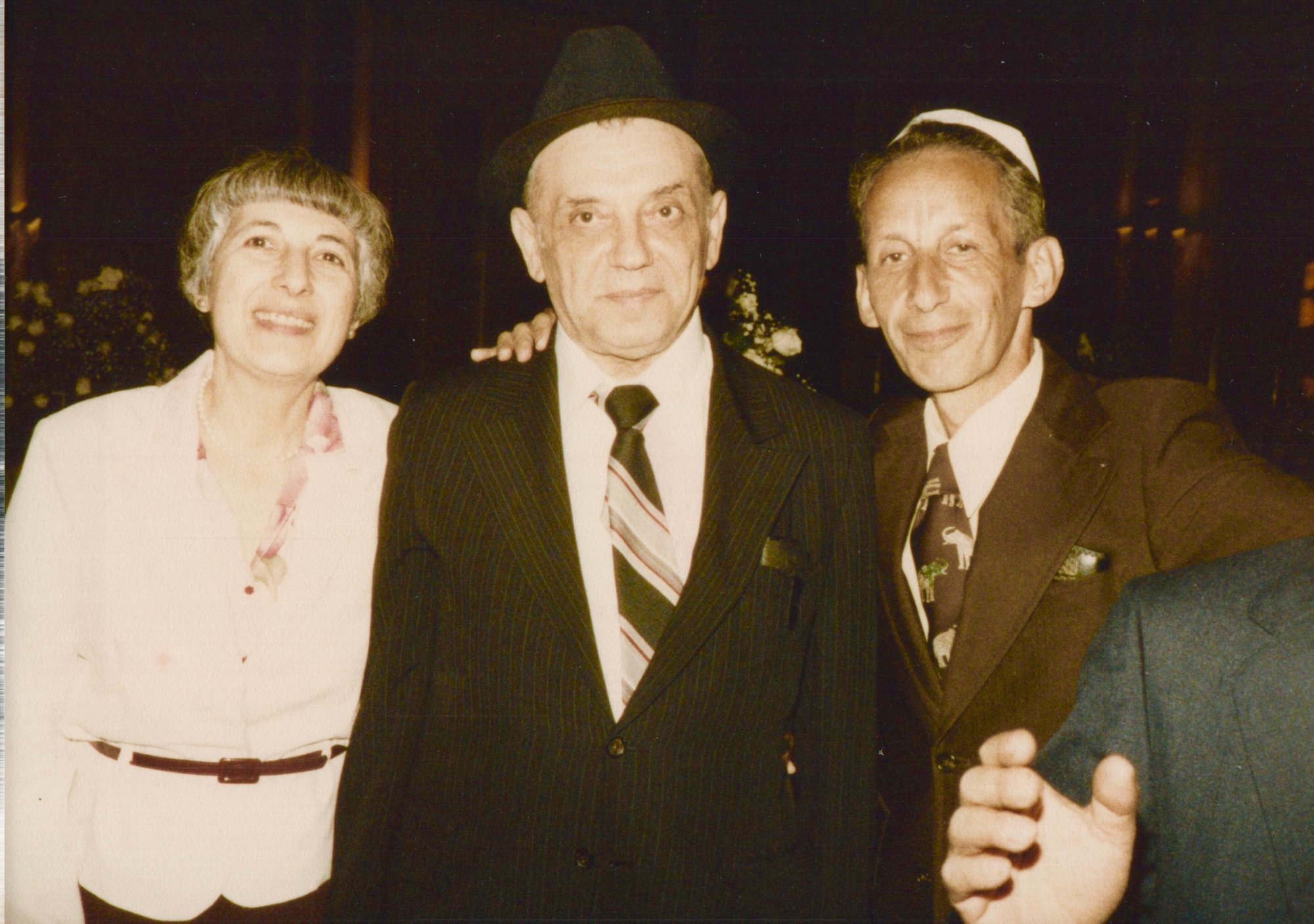 Imre Weisz at a late-1980s simcha with his Feldman-side cousin Herbert Hershel Feldman and Herbert's wife Sylvia Perlman